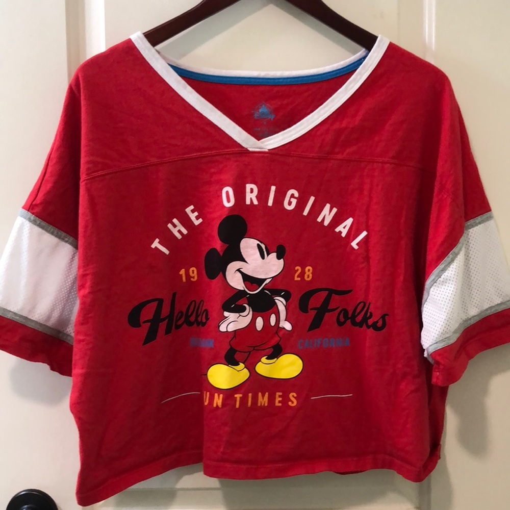 DISNEY Mickie Mouse Hello Folks Red Cropped Tee, Sz XL